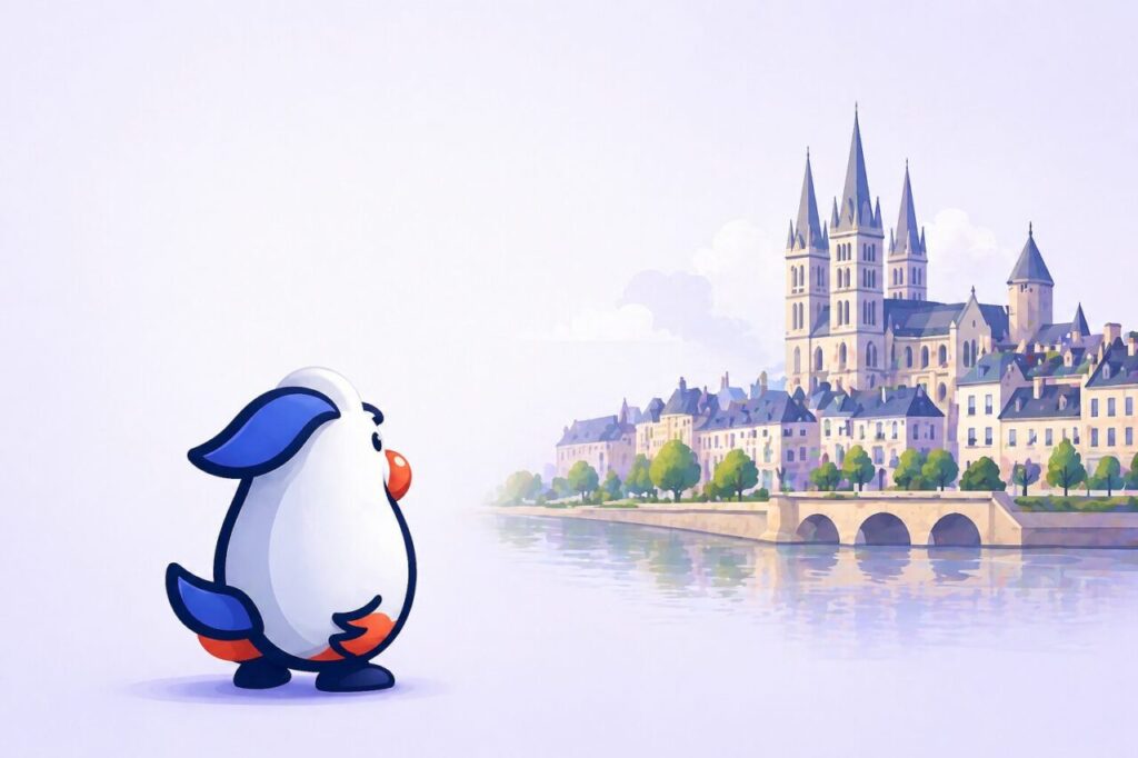 mascotte le site français regardant la ville de caen illustration communication digitale locale